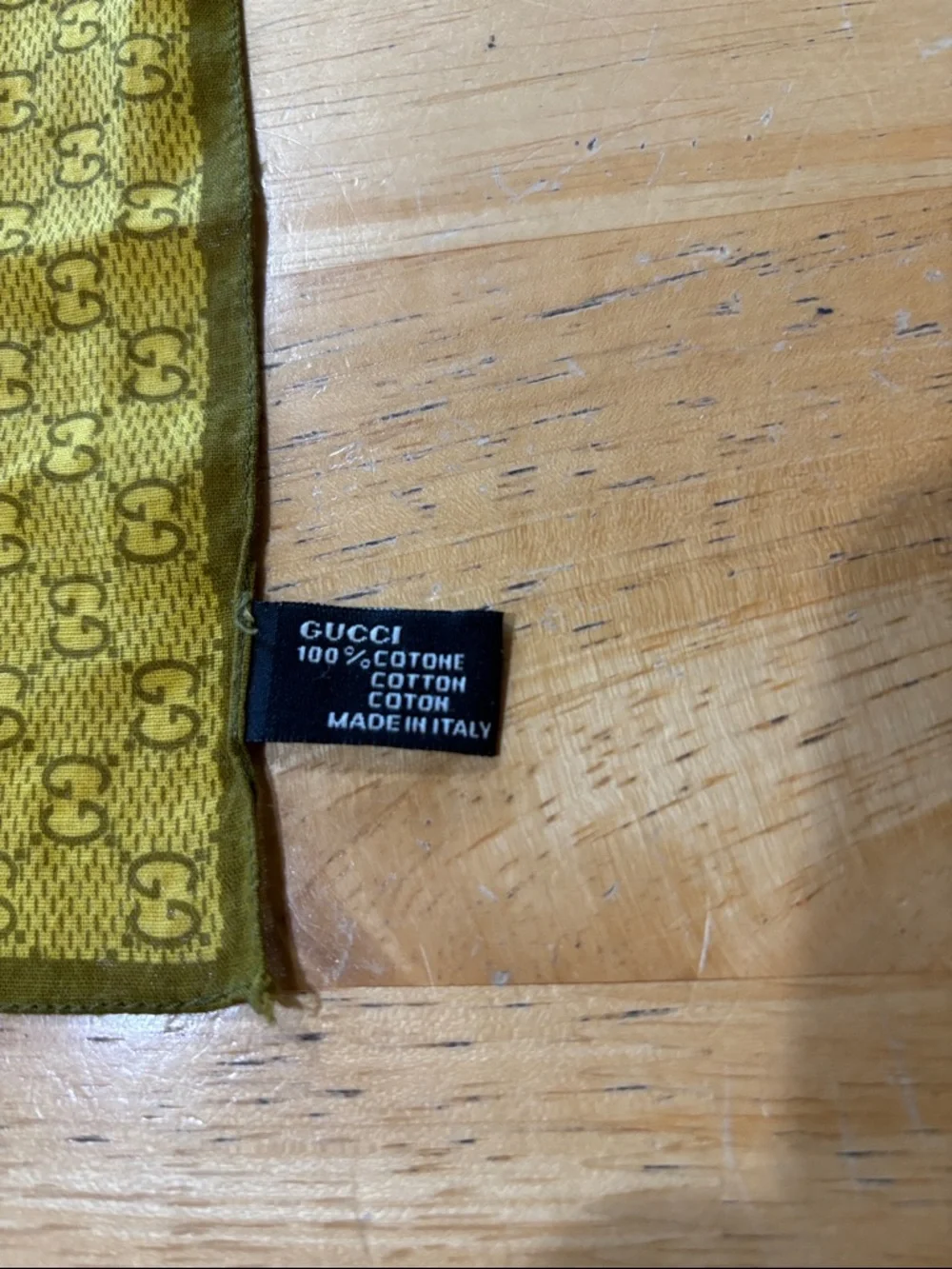 Authentic Gucci Olive Yellow Monogram Cotton Scarf 22”x22” - Picture 3 of 7